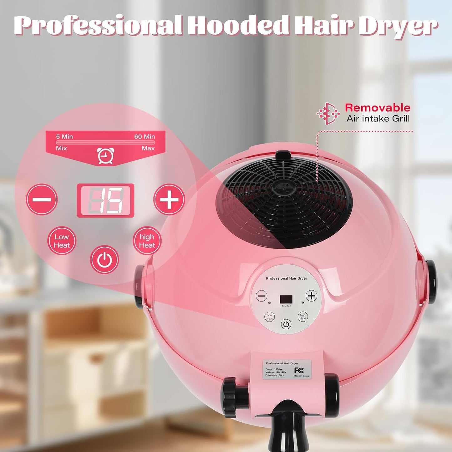 Secador de pelo profesional con capucha, color rosa, con 3 ajustes...
