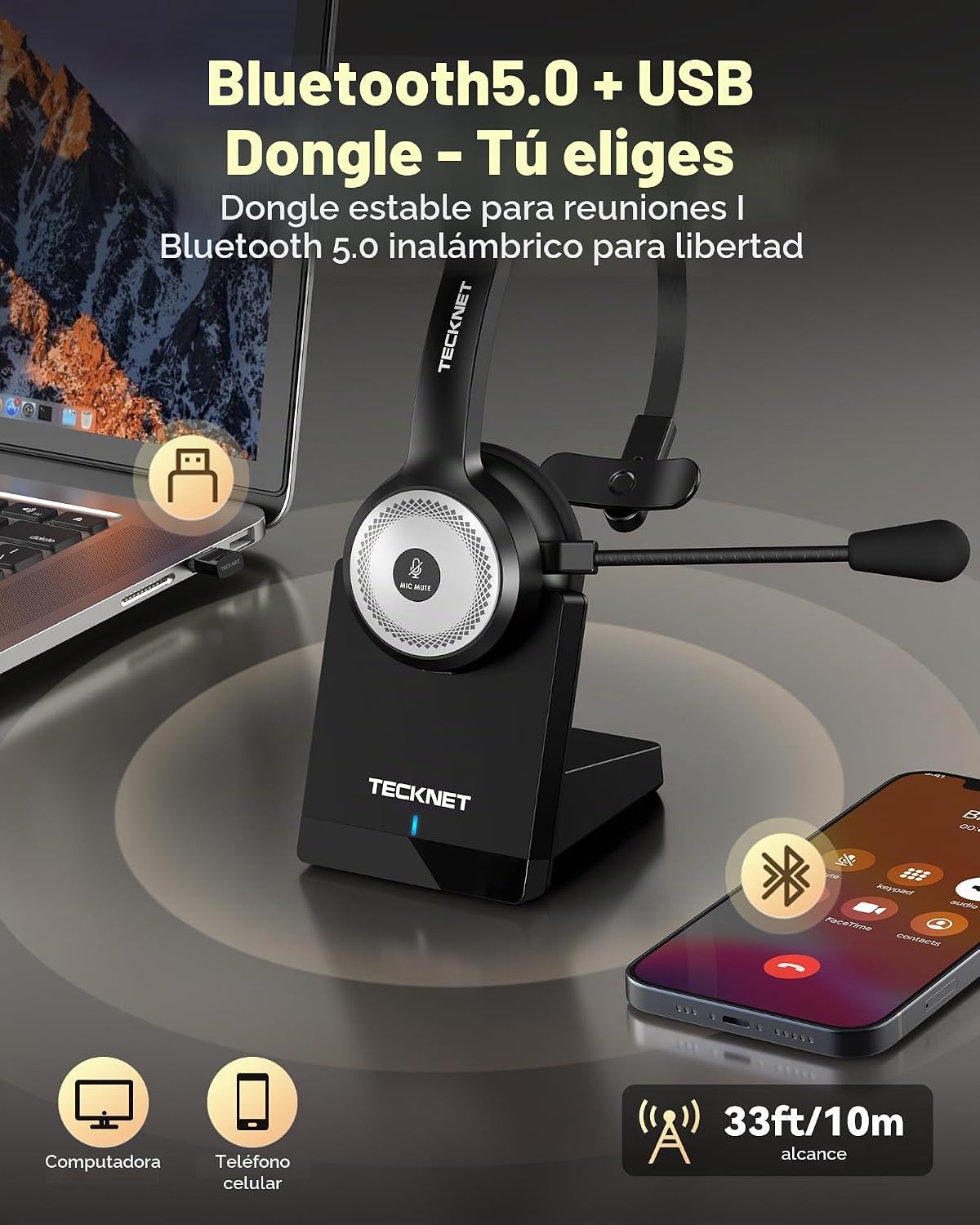 TECKNET Auriculares inalámbricos para trabajo Bluetooth con micrófo...