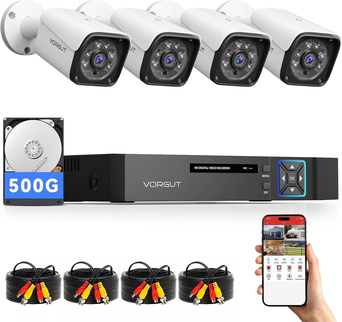 VORGUT Sistema de cámara de seguridad con cable para exteriores, 4C...