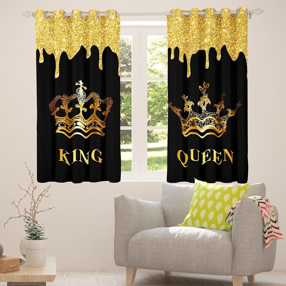 Feelyou Cortinas opacas con corona dorada para ventana King &amp; Q...