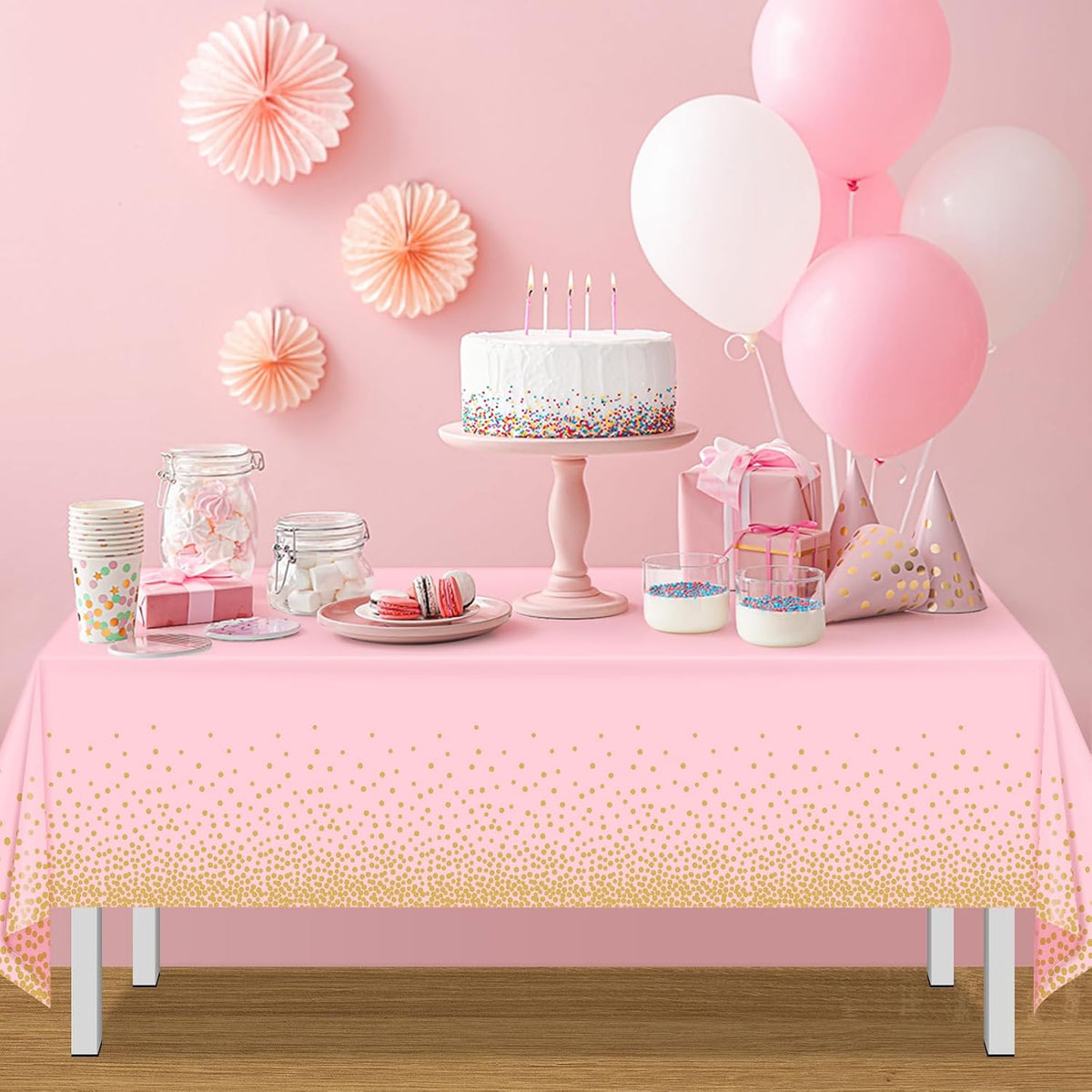 FunnyPars Paquete de 4 manteles de plástico rosa y dorado para fies...