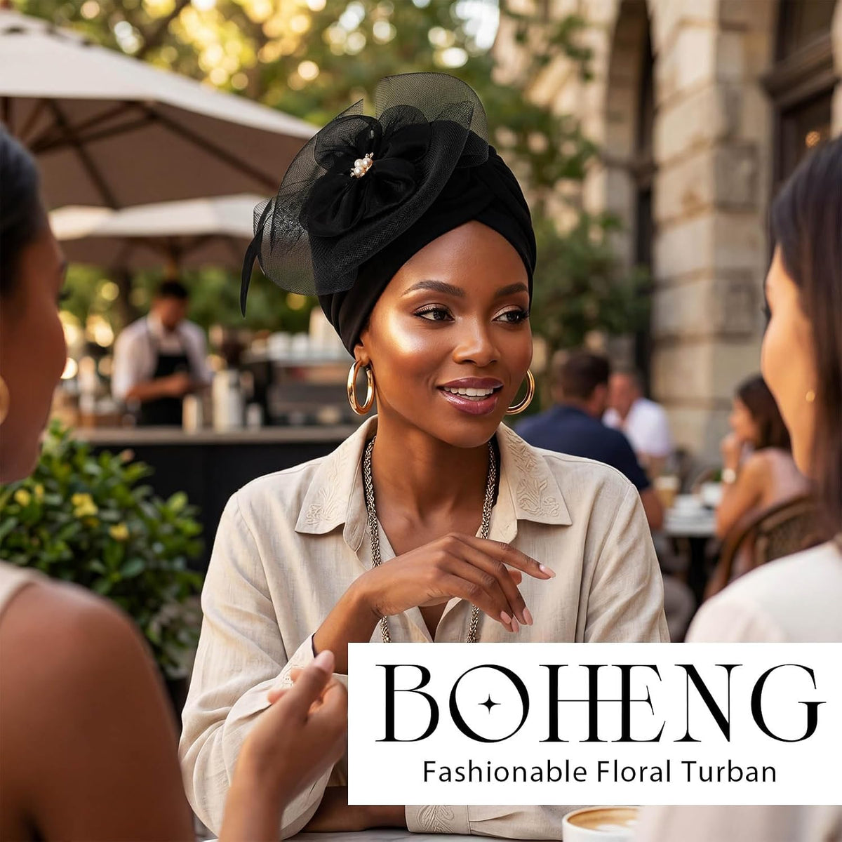 Bohend Gorro turbante con diamantes de imitación de flores, nudo de...