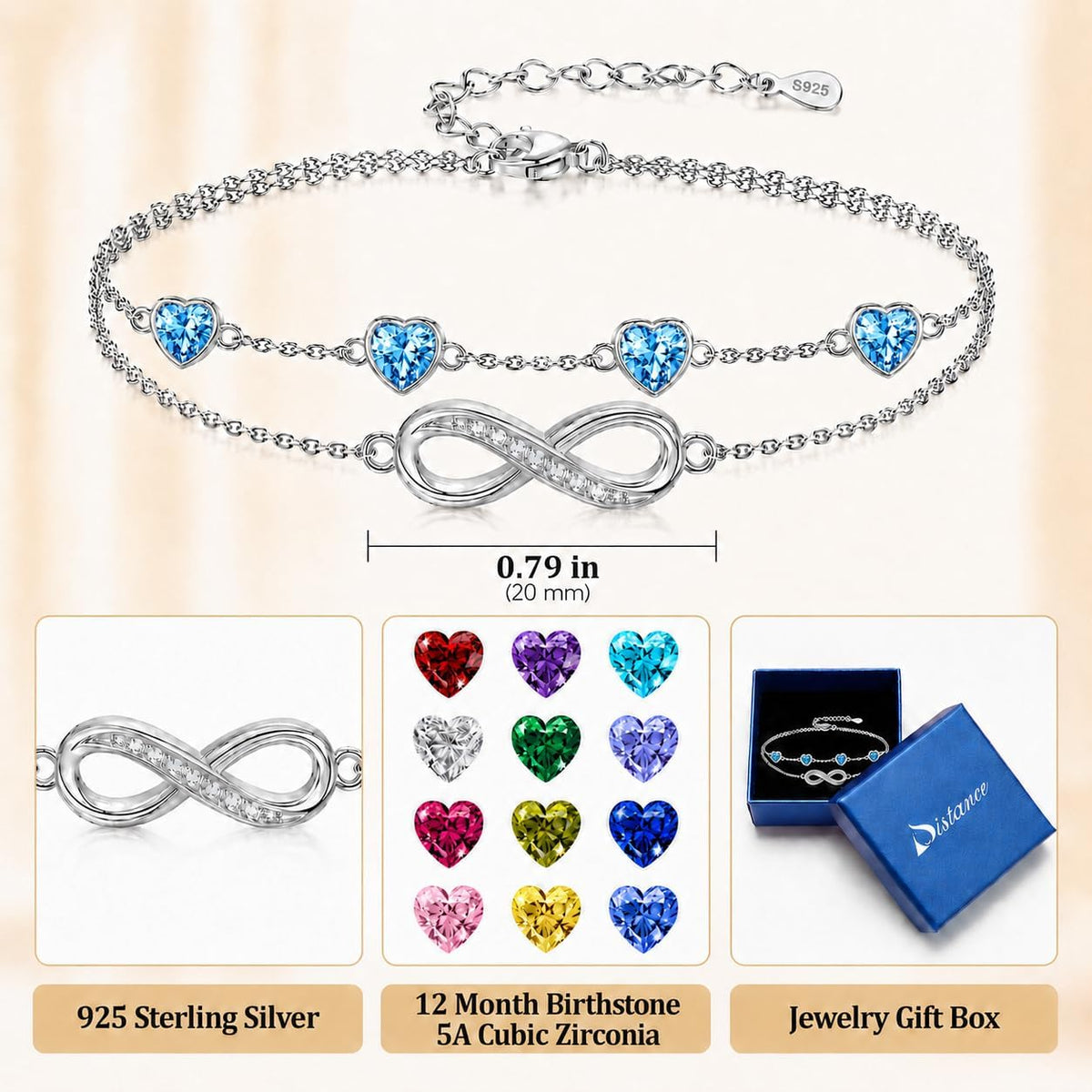 Distance Pulsera de plata 925 con corazón infinito y piedra natal p...