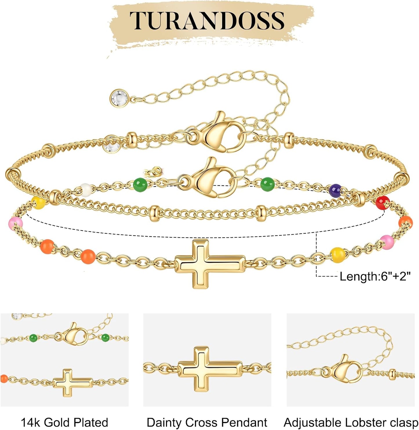 Turandoss Pulsera de cruz para mujer, chapada en oro de 14 quilates...