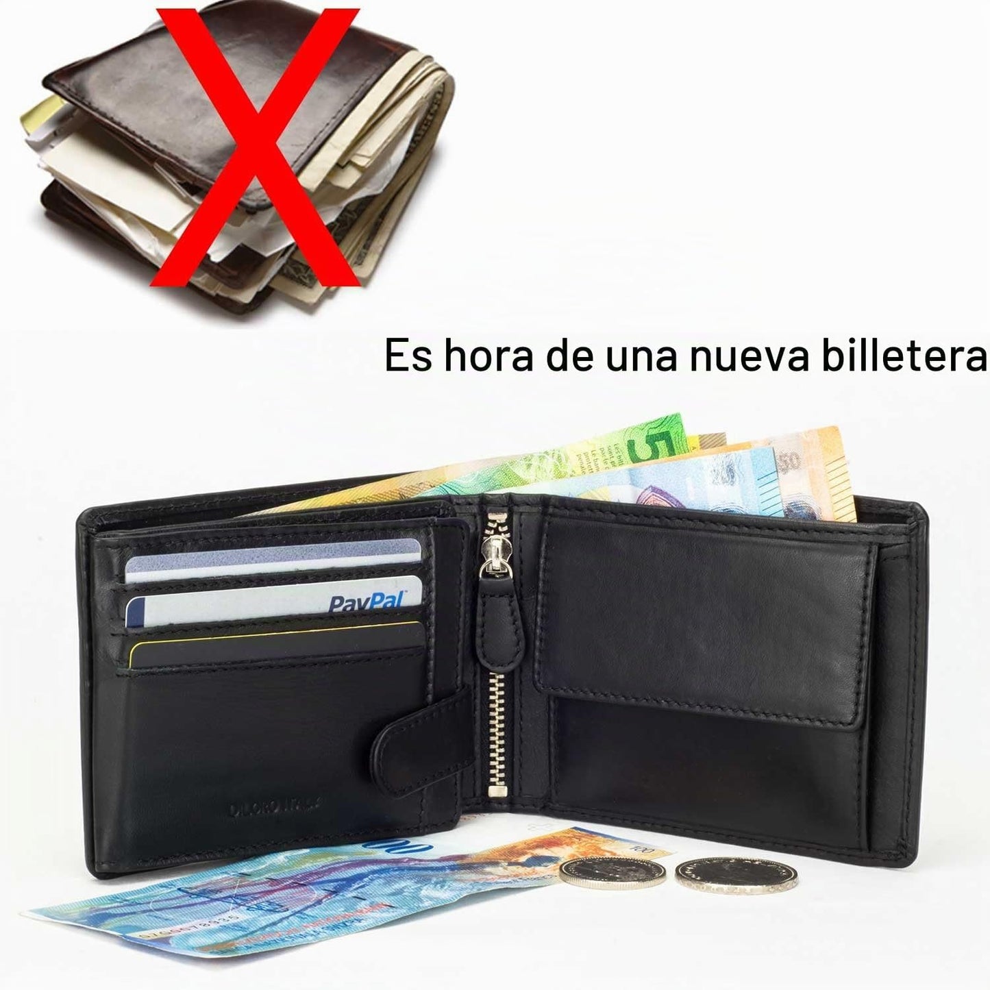 DiLoro Billetera plegable de cuero para hombre, tamaño completo, co...
