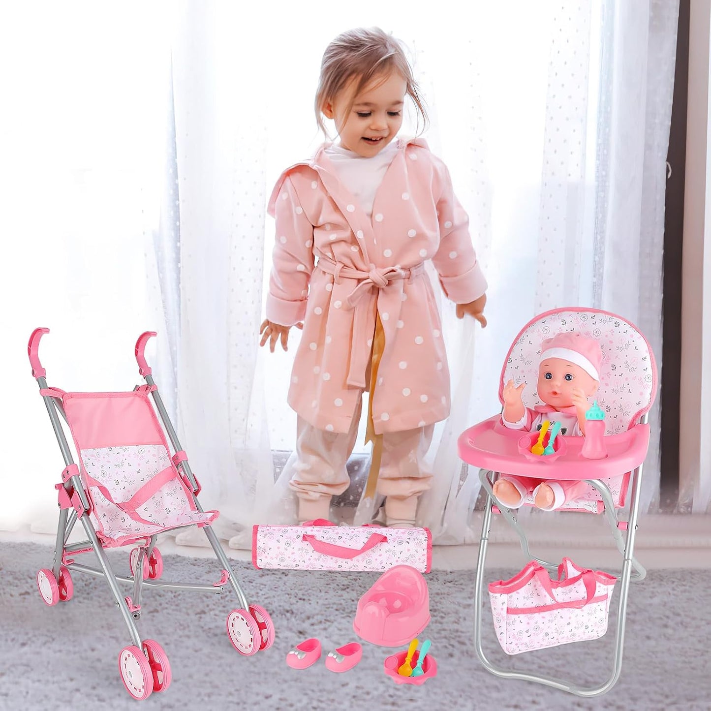 deAO Juego de juguetes para muñecas de bebé, cochecito, cuna, cama,...