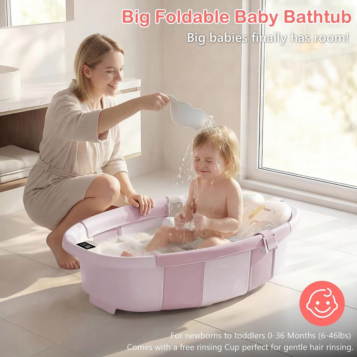 Bañera plegable para bebé, bañera grande para bebé con termómetro,...