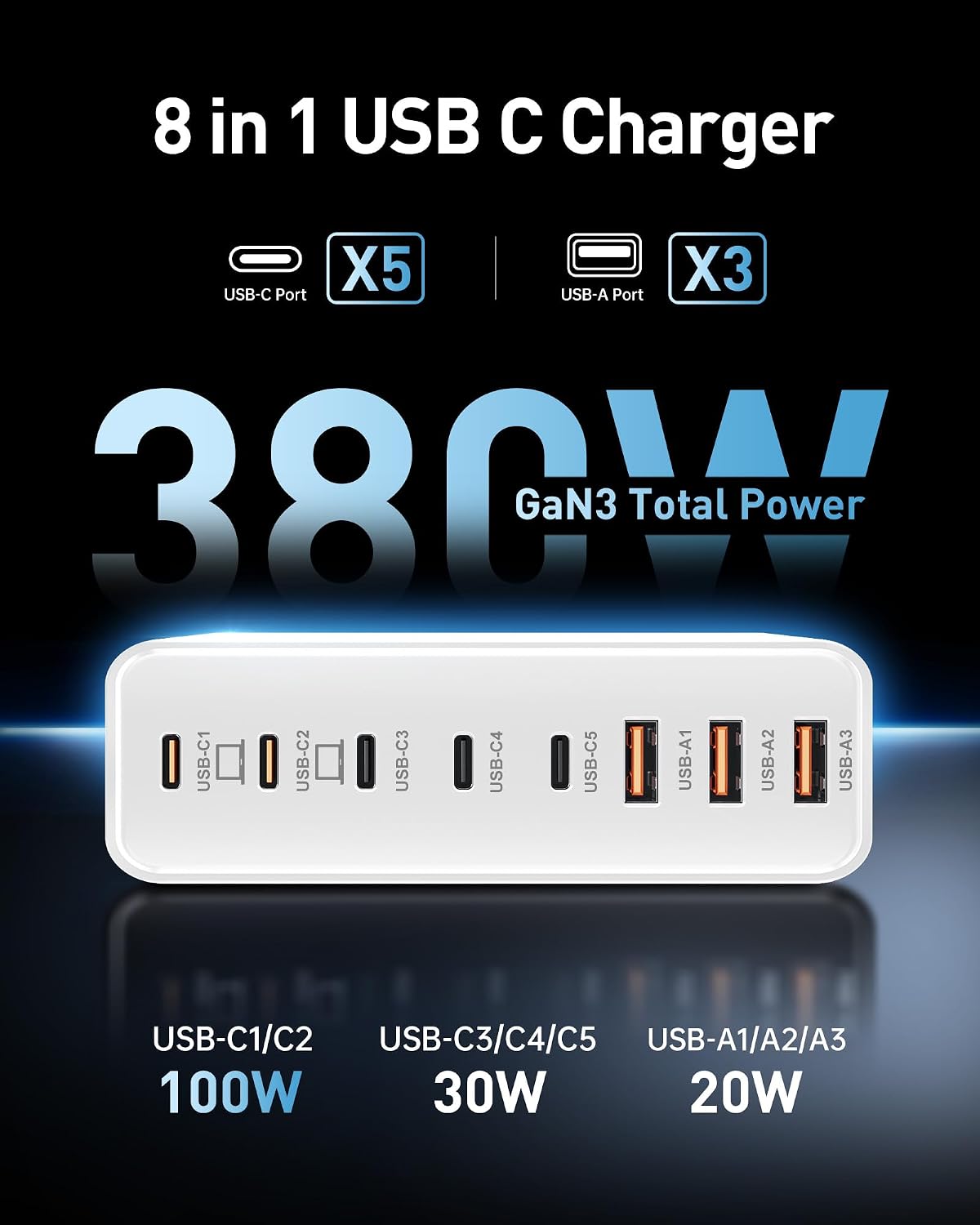 Bloque de cargador USB C de 380 W con 4 cables USB Estación de carg...