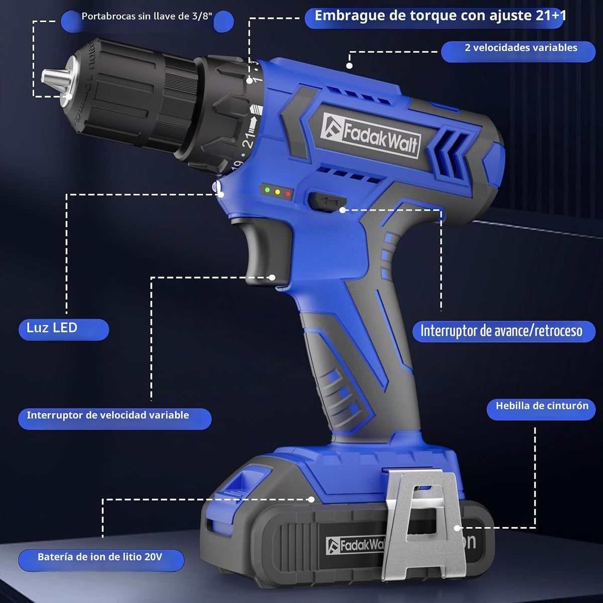 FADAKWALT Juego de taladro inalámbrico de 20V MAX, kit de taladro e...
