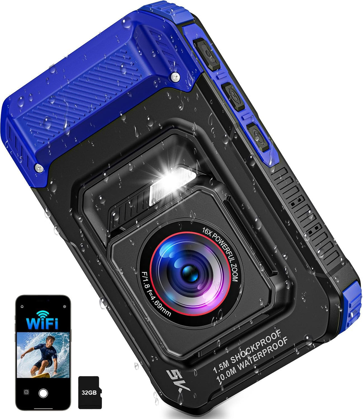 Cámara digital subacuática 5K de 33 pies de 96 MP impermeable, con...