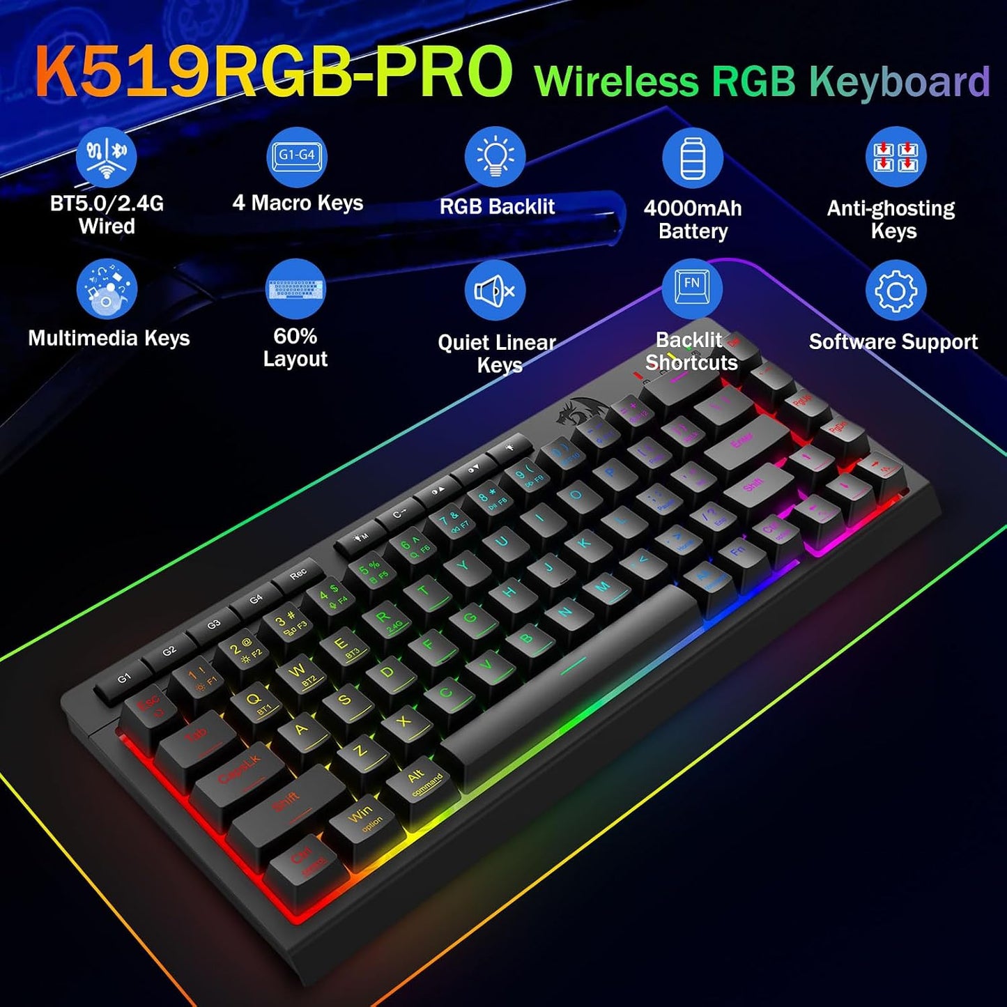 Redragon Teclado Gaming Inalámbrico Portátil, Bluetooth\/2.4GHz\/US...