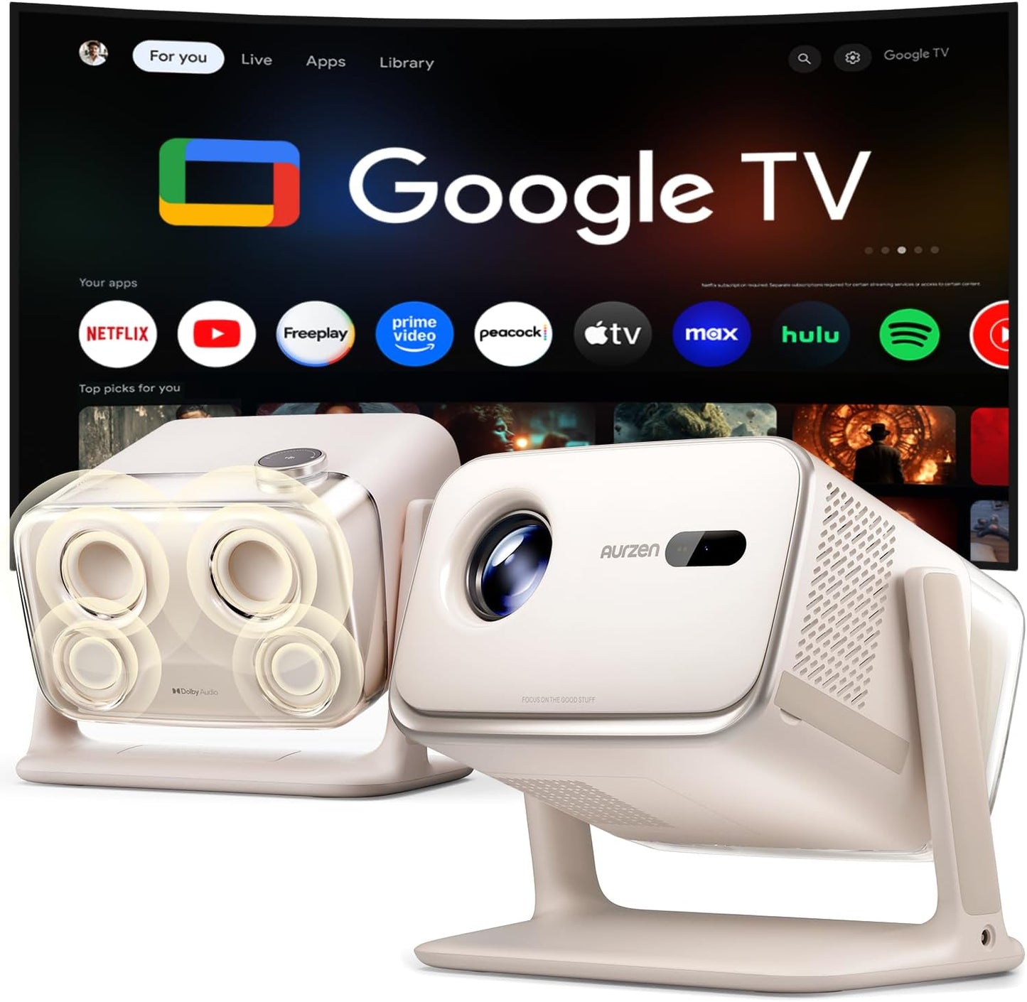 Aurzen BOOM Mini Google TV Proyector inteligente para exteriores co...
