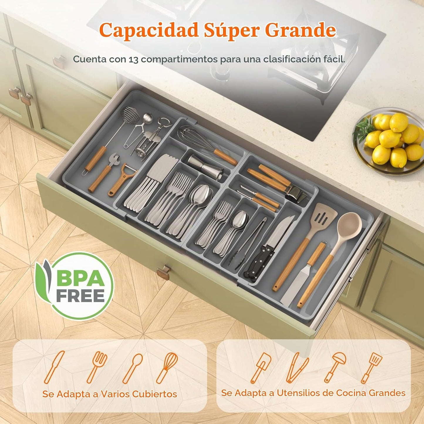 Lifewit Organizador grande de cubiertos para cajón, expandible de 2...