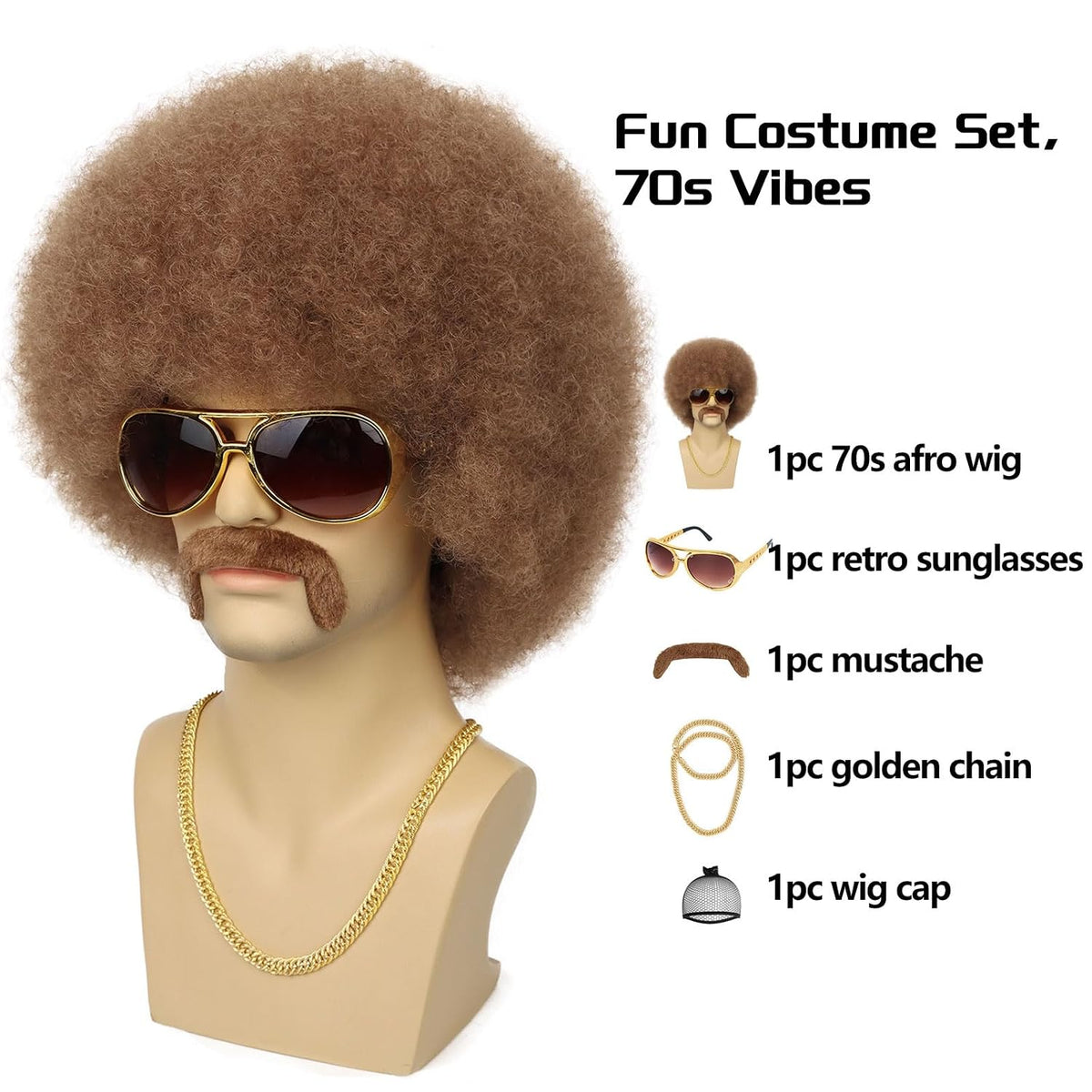 G&amp;T Wig Peluca afro de los años 70 para hombres con cadena de g...