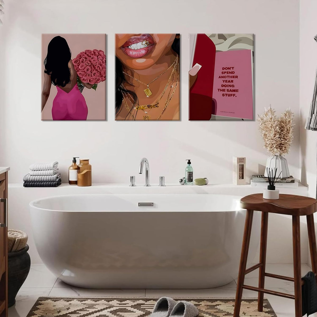 Arte de Pared de Lienzo de Mujer Negra de Moda Rosa, Juego de 3, Ar...