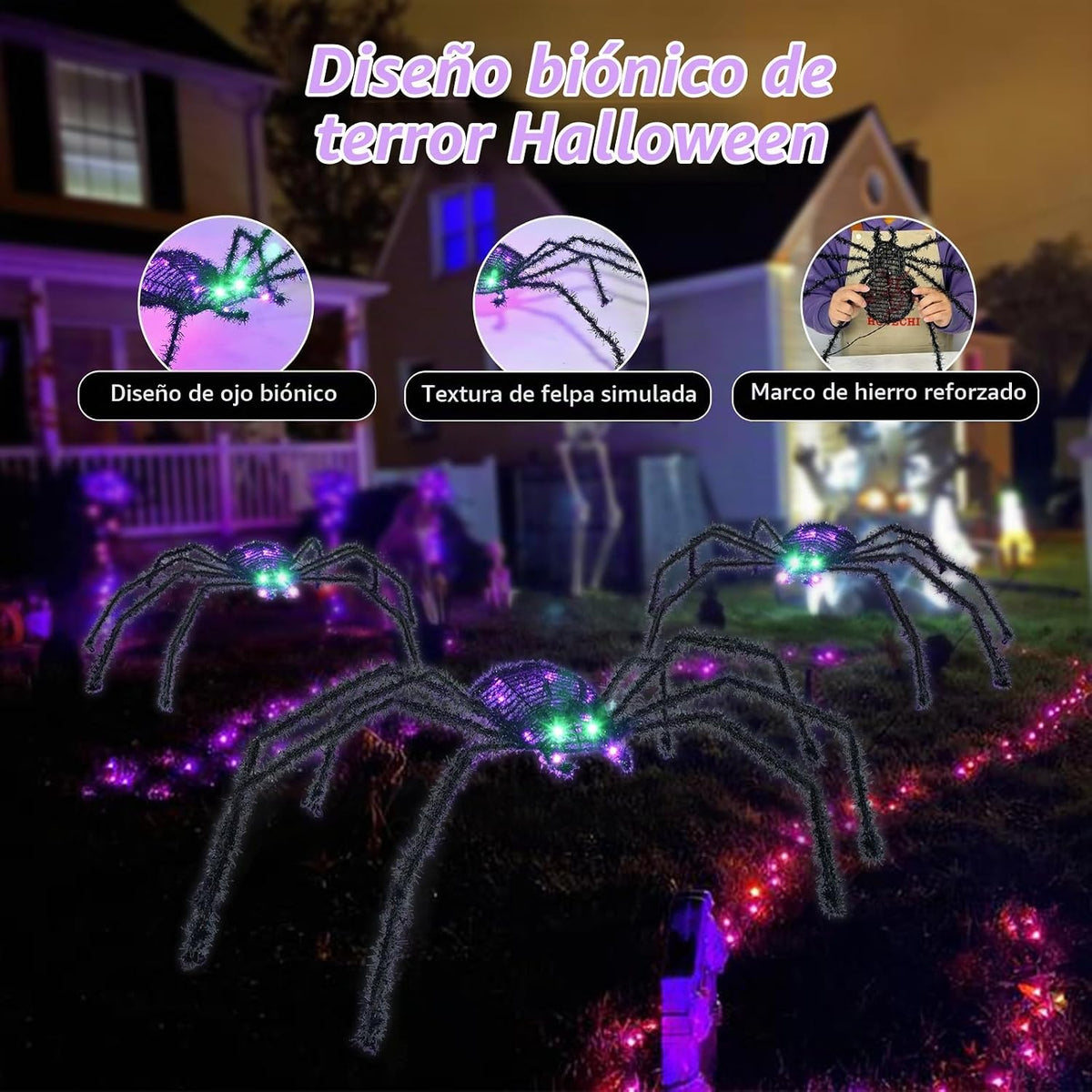 HOYECHI Araña de Halloween iluminada de 3 piezas, decoraciones navi...