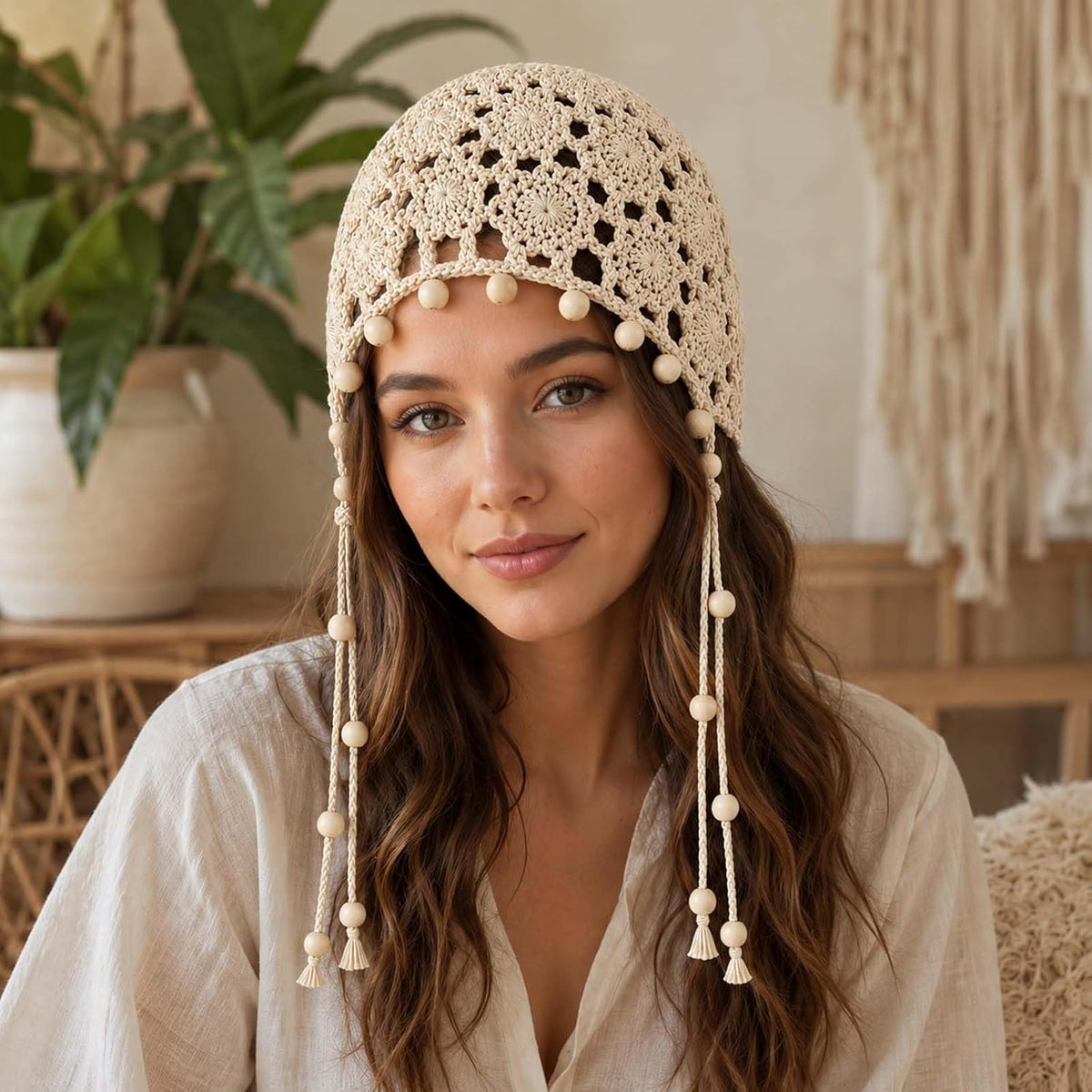 Gorros de ganchillo para mujer, boho, gorro de encaje con cuentas d...