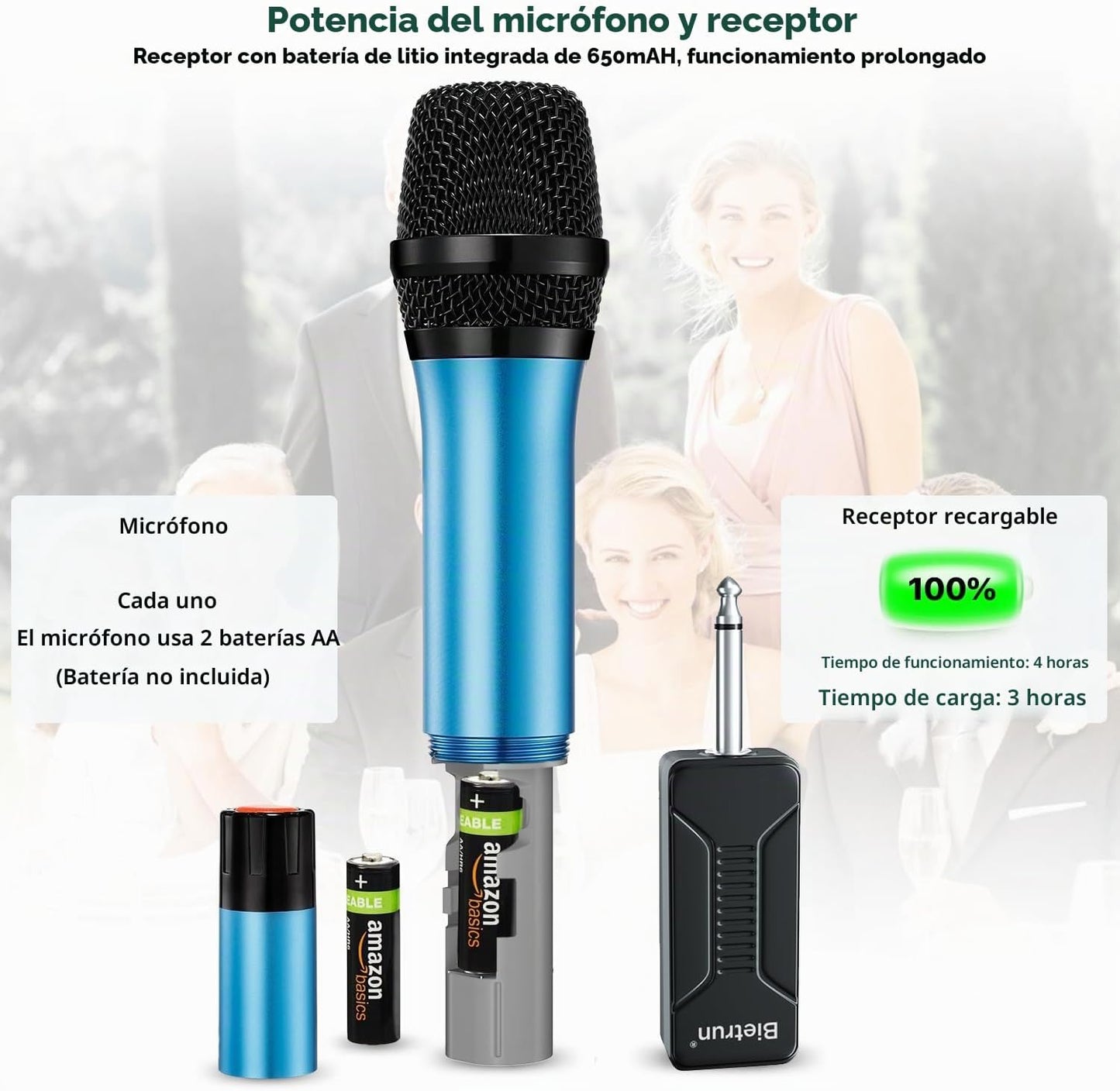 Micrófono inalámbrico, Bietrun UHF de metal, sistema de micrófono d...