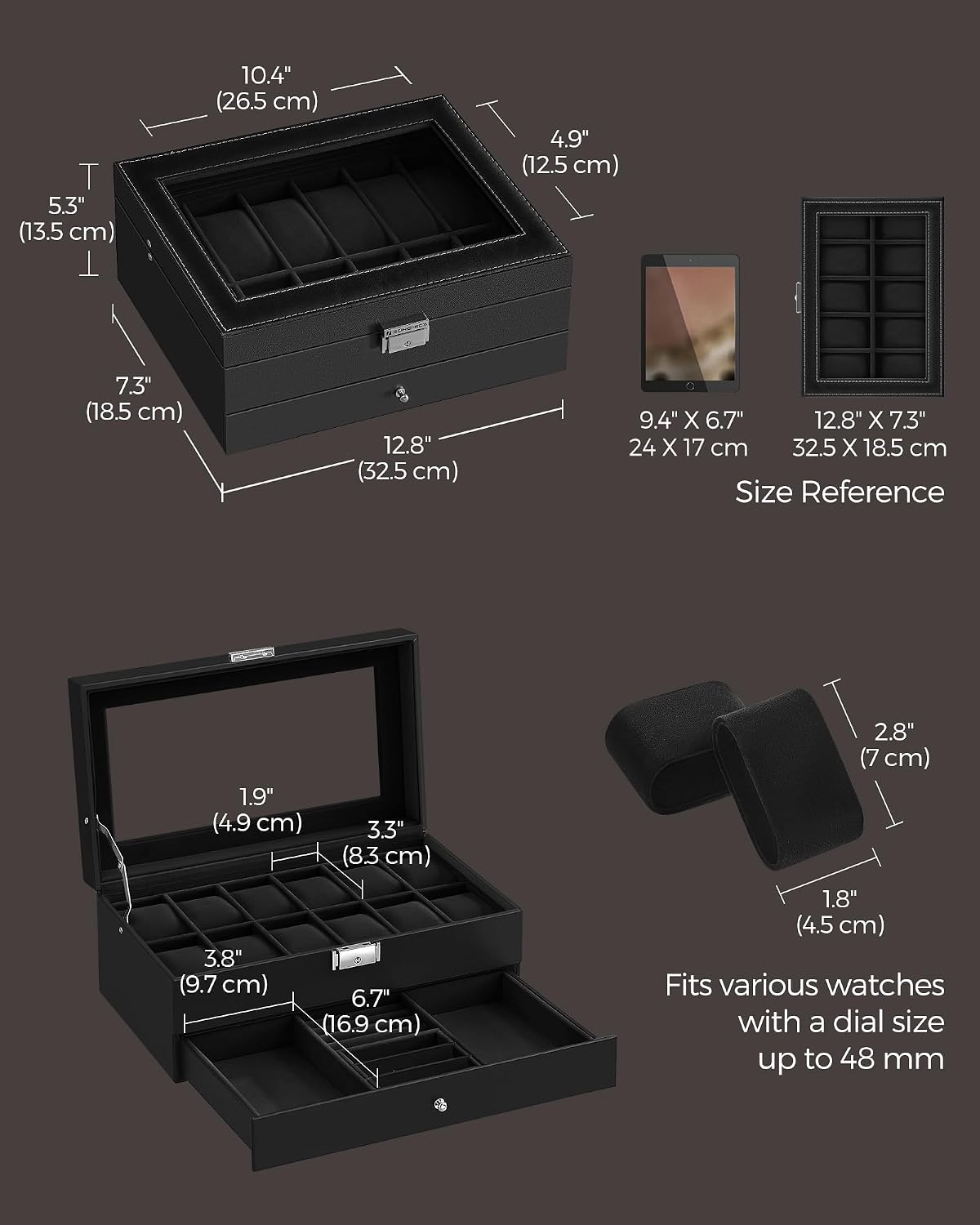 SONGMICS UJWB012B03 - Caja de reloj de 12 ranuras, caja de reloj co...
