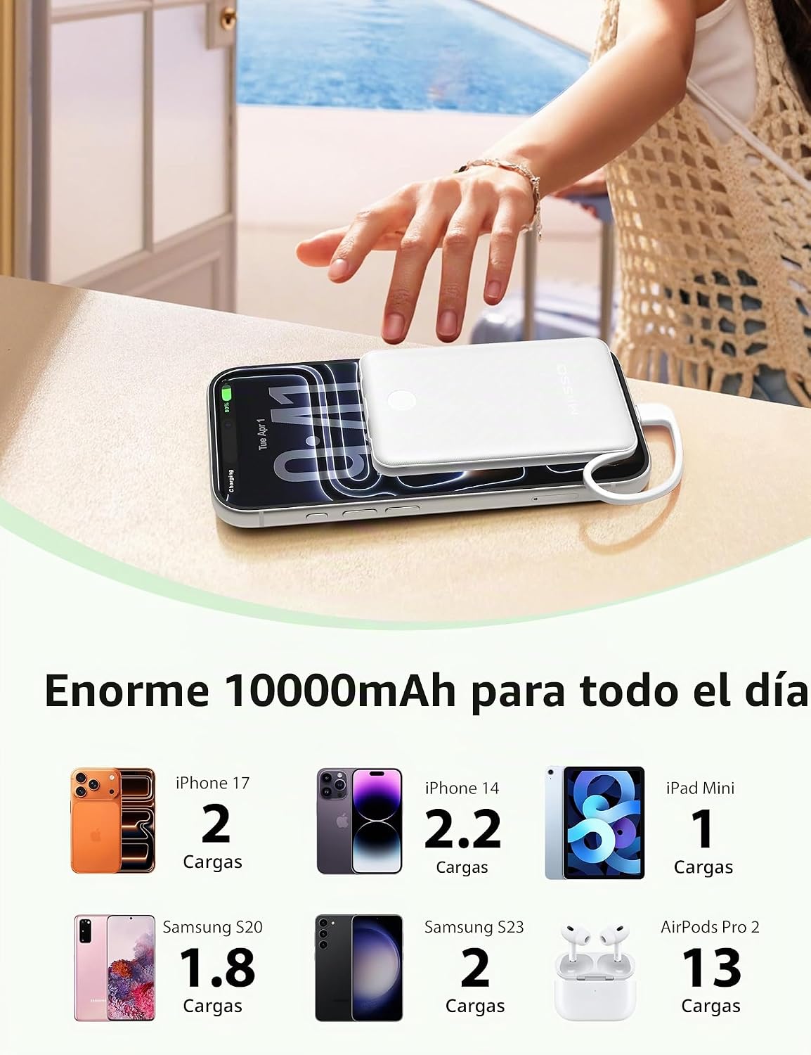 Mini cargador portátil de 10000mAh con cable integrado, banco de en...