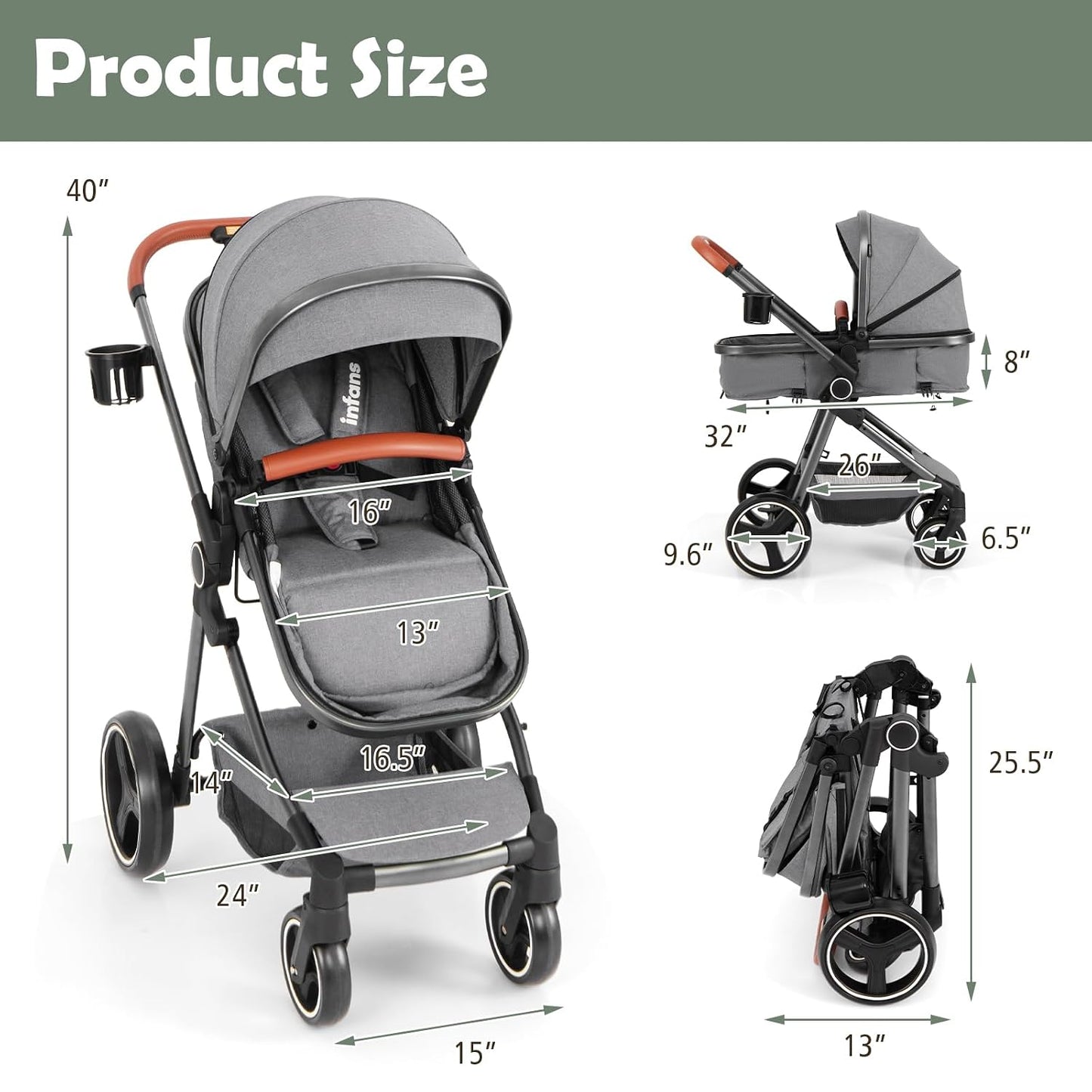 INFANS Cochecito de bebé 2 en 1, plegable de alta absorción de impa...