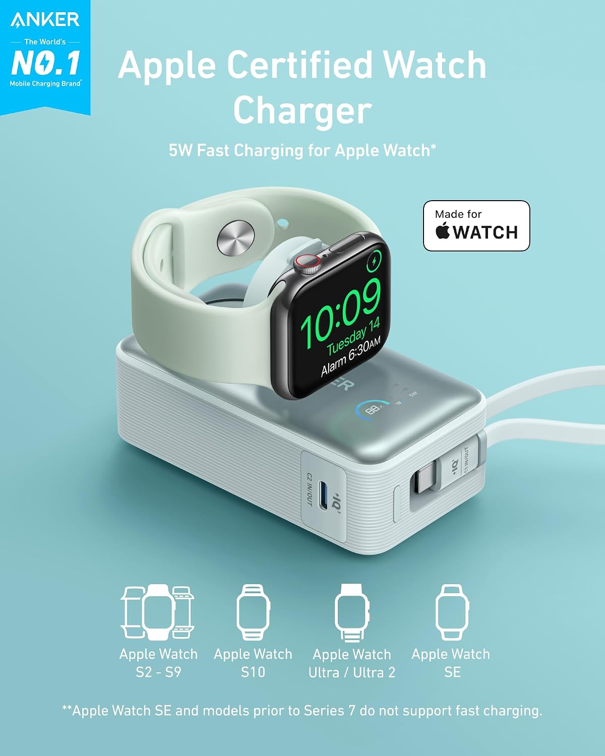 Anker MagGo Power Bank para Apple Watch, batería compacta de 10,000...