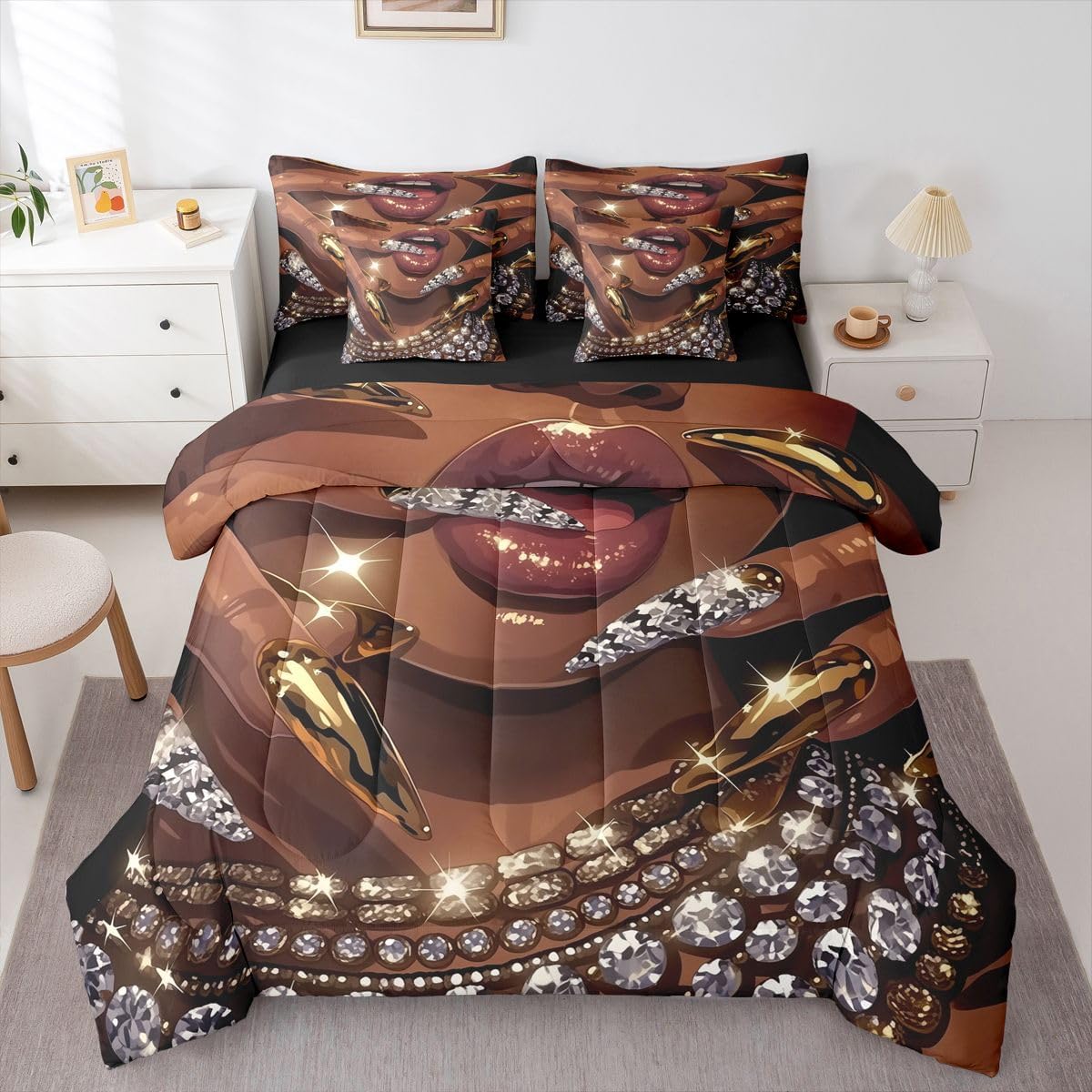 Erosebridal Juego de edredón de 7 piezas para mujer negra, cama Que...