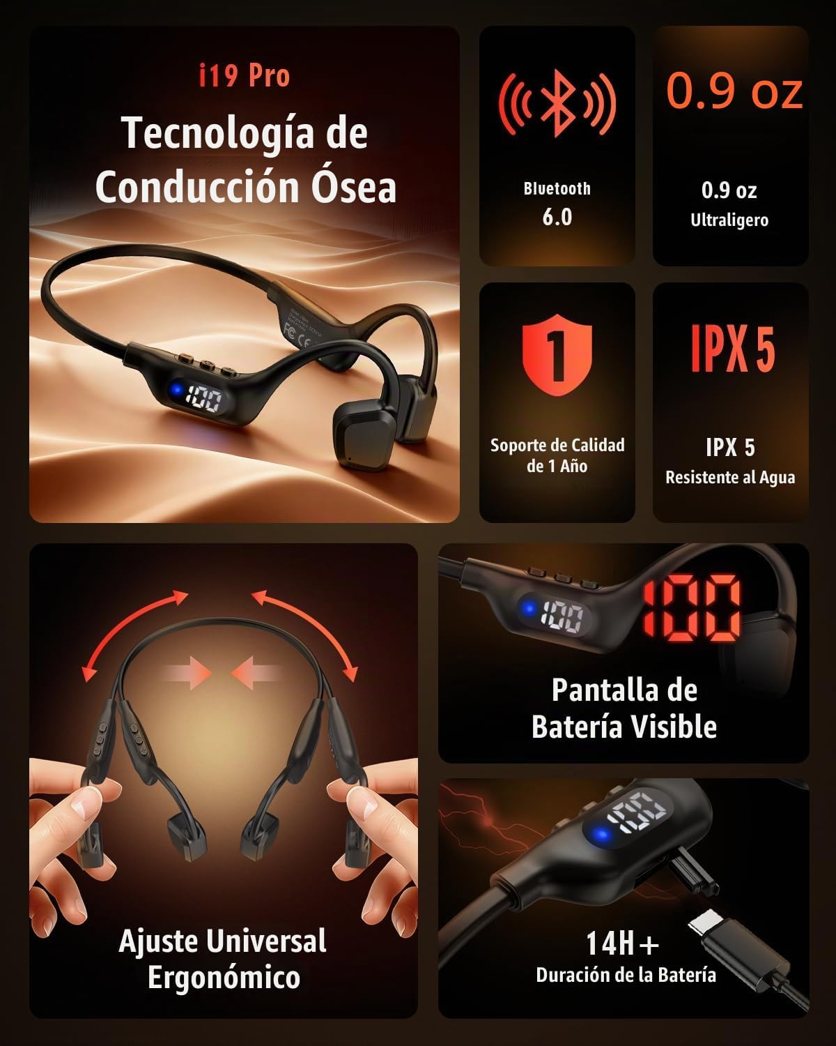 Arciea Auriculares de conducción ósea, auriculares Bluetooth 6.0 de...