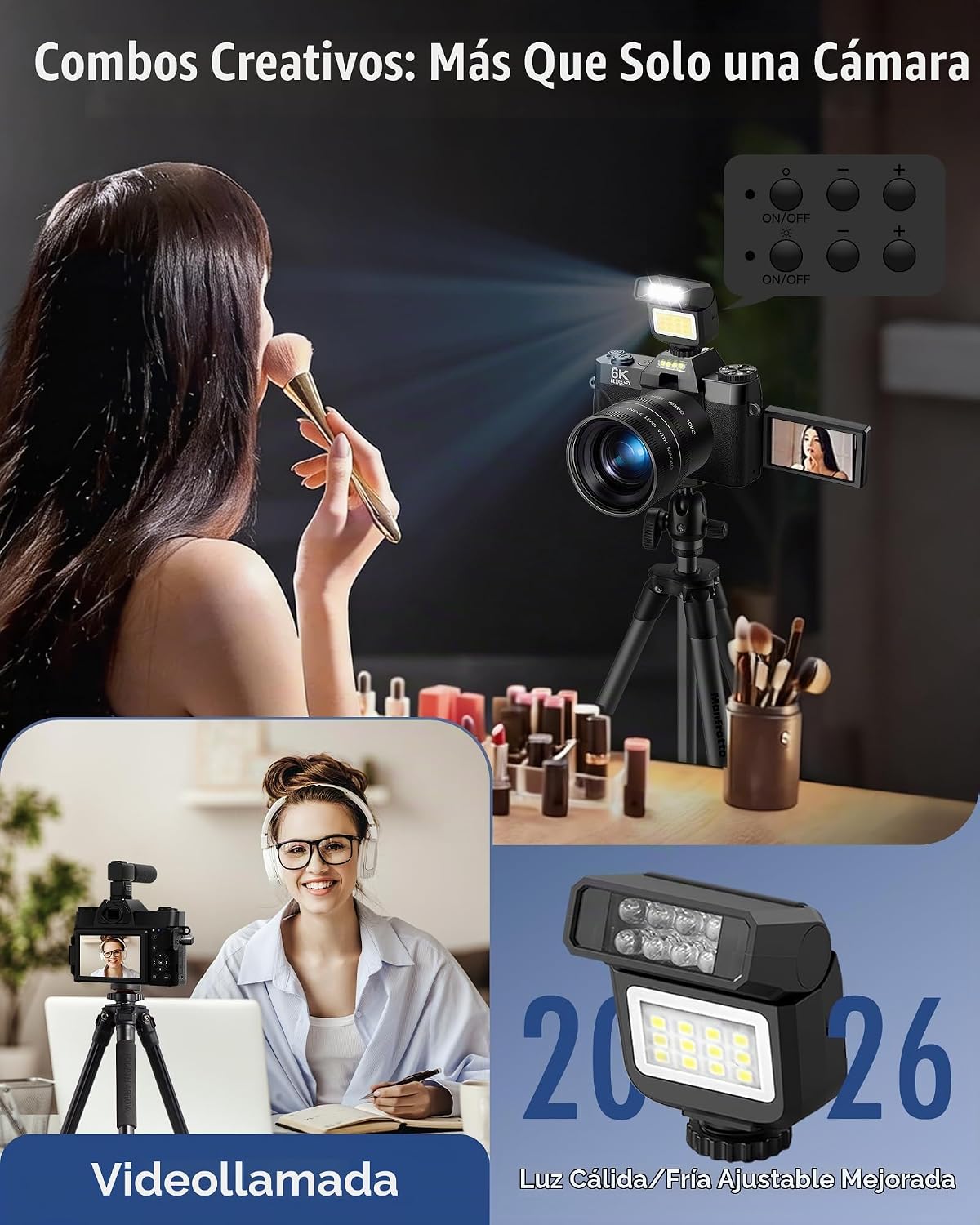 Yatao Cámara digital con pantalla abatible WiFi 6K, micrófono y luz...