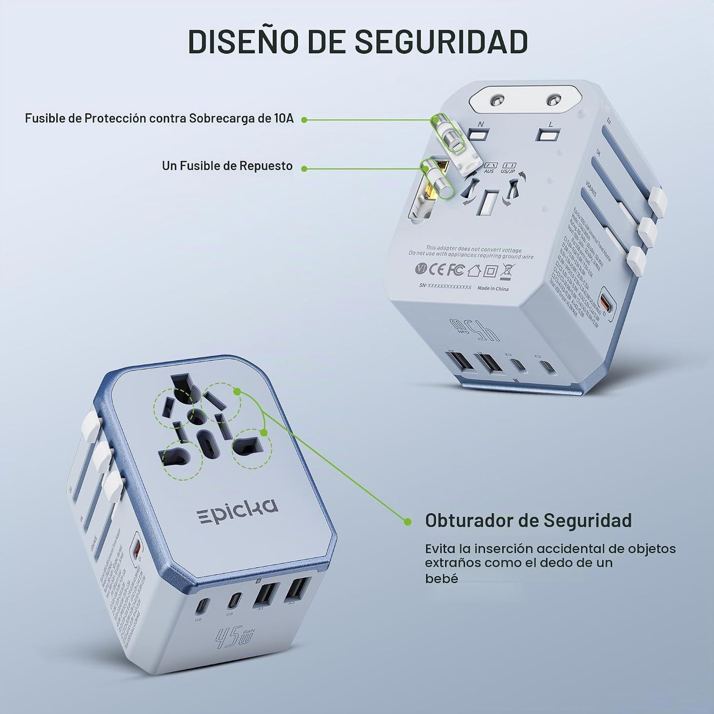 EPICKA Adaptador de viaje universal de 45 W PD&amp;QC, 1AC\/3USB-C\...