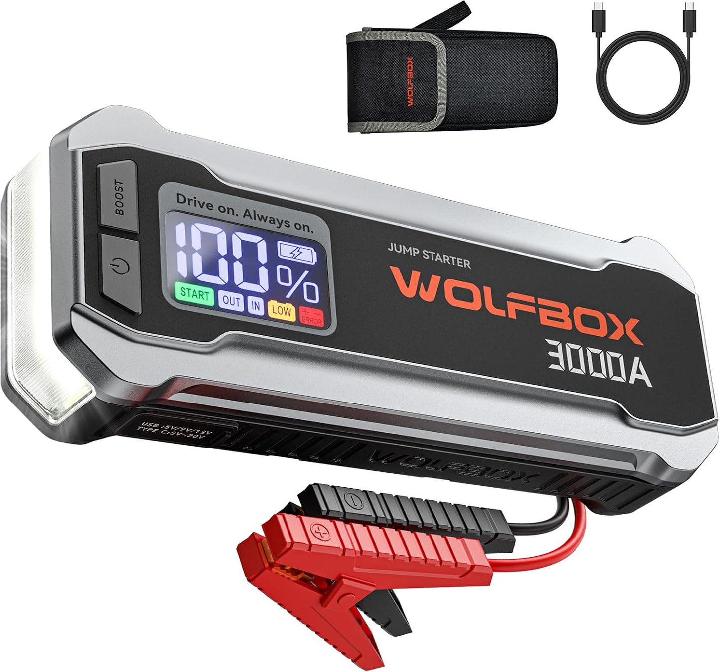 WOLFBOX Arrancador de salto de 3000 A, batería de coche de 12 V con...