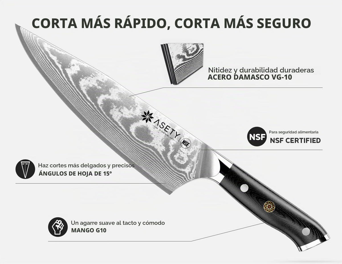 ASETY Cuchillo de chef de Damasco de 8 pulgadas, cuchillo japonés c...