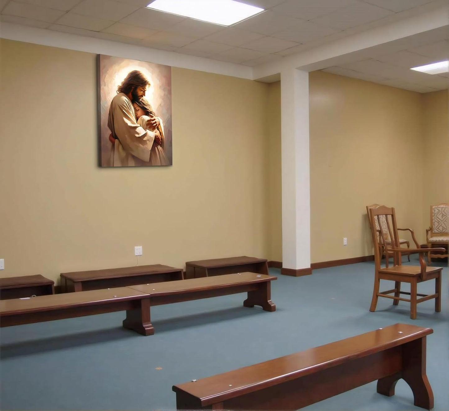 Lienzo de Jesús abrazando a una mujer, arte de pared, refugio segur...