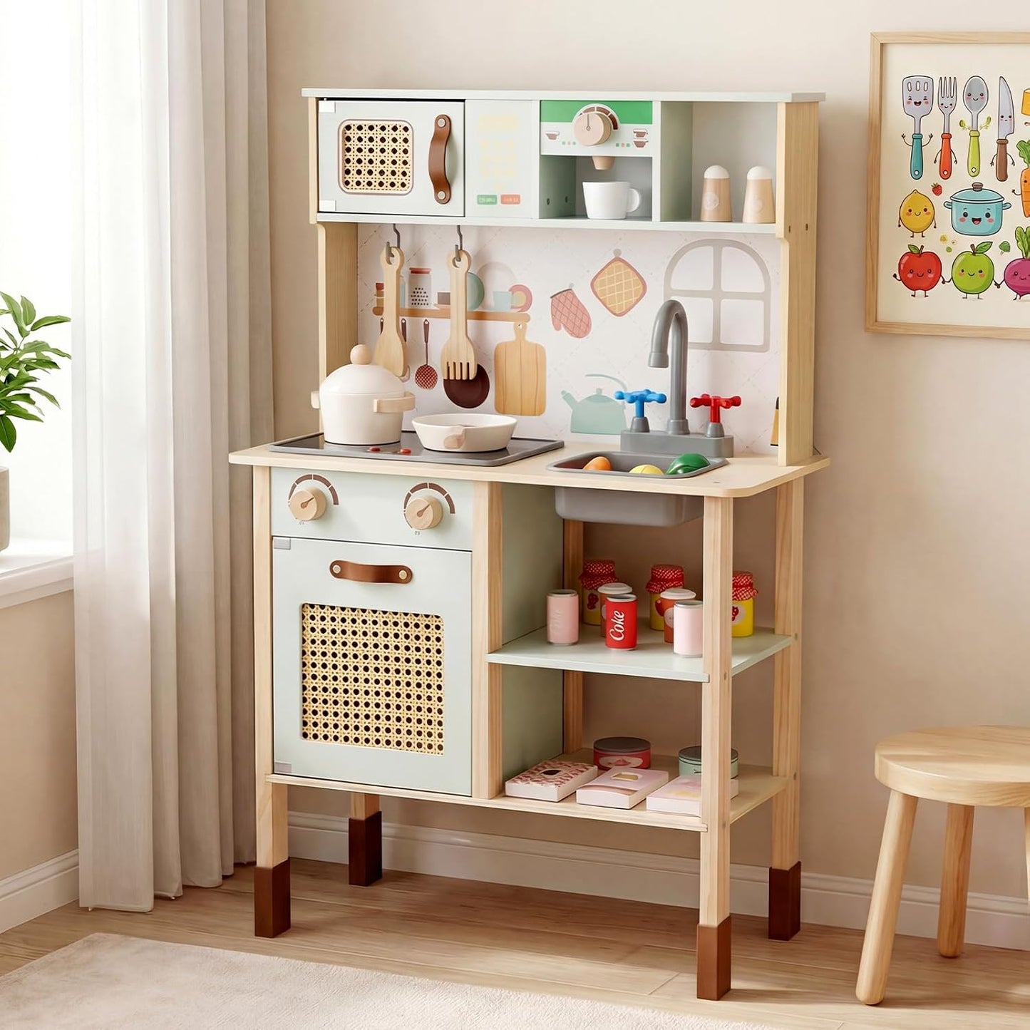 HONEY JOY Juego de cocina con pizarra, juego de cocina de madera de...