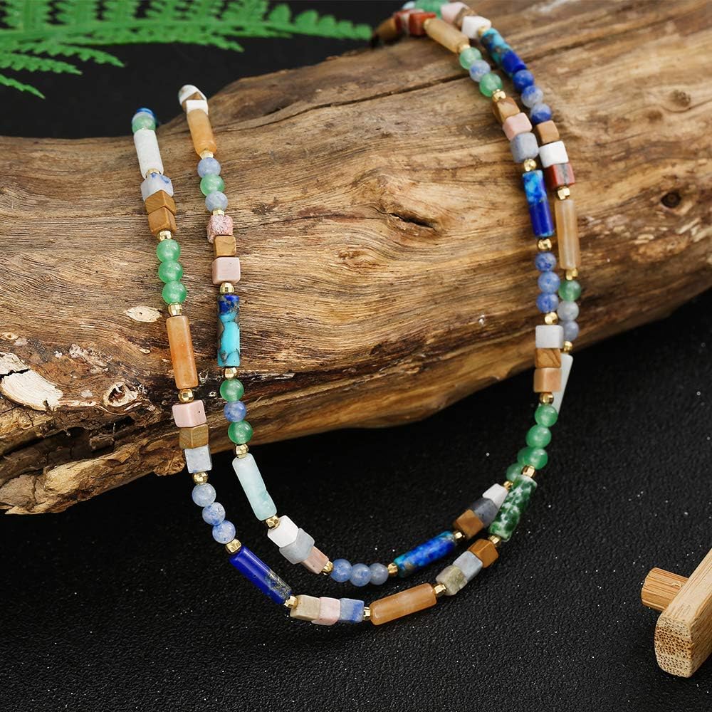 Plumiss Collar corto bohemio hecho a mano de piedra de jaspe natura...