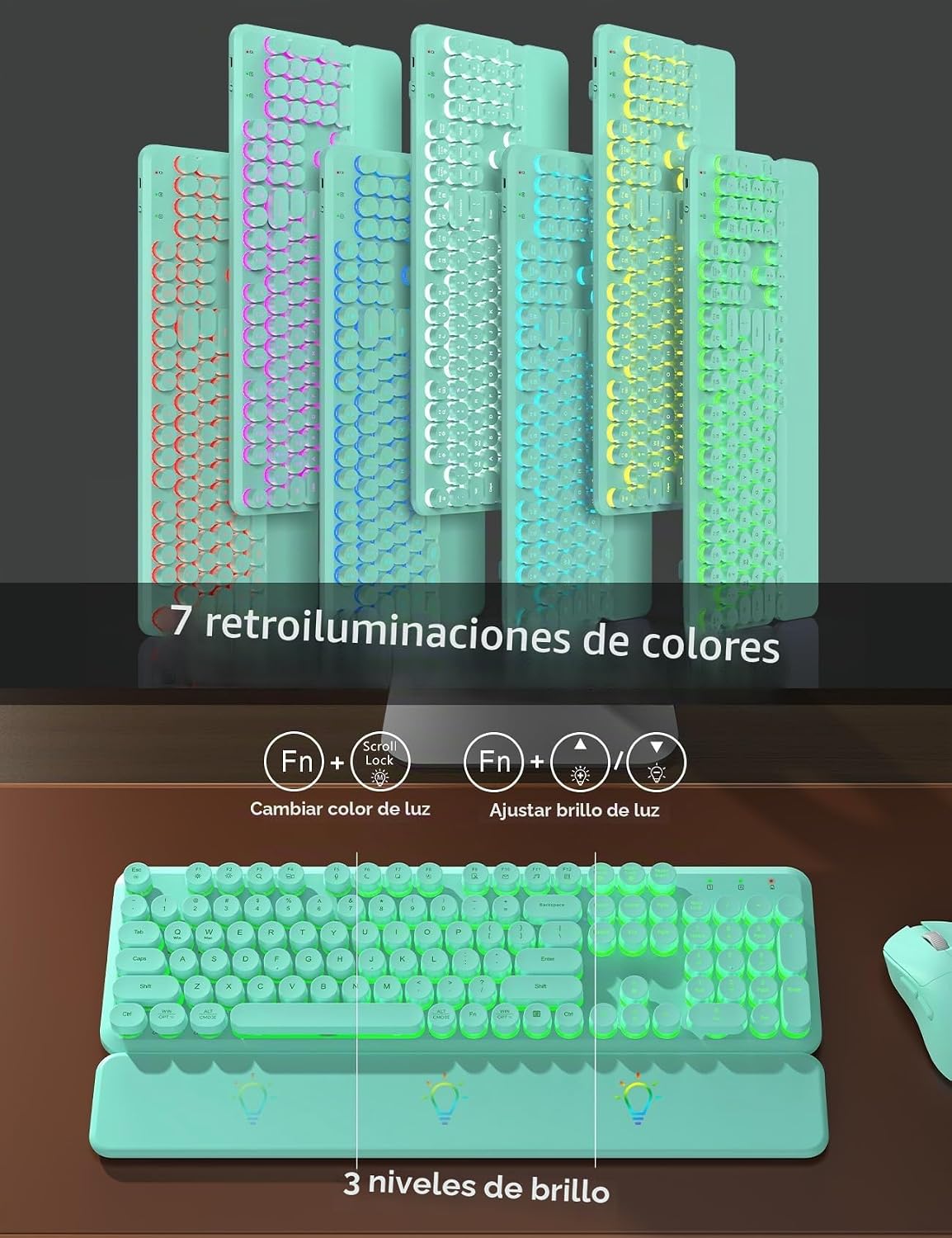 Teclado inalámbrico y mouse retroiluminados, teclado de máquina de...