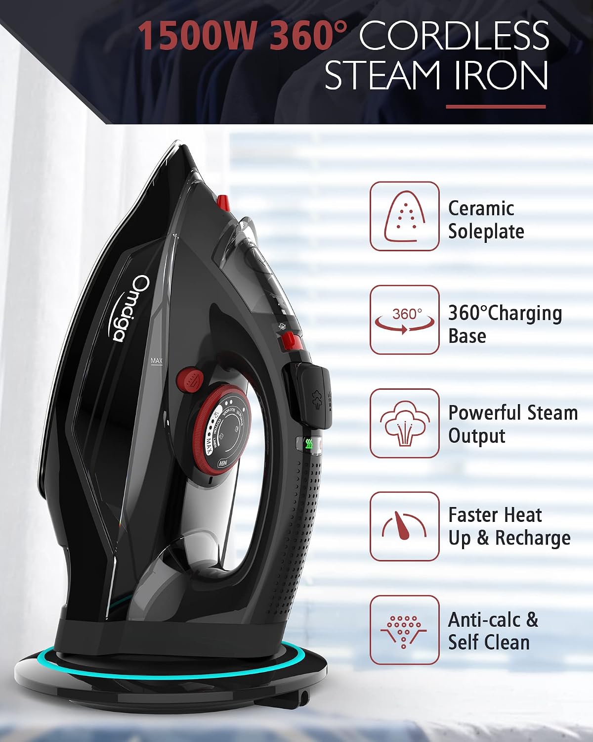 OMAIGA Plancha de vapor inalámbrica para ropa, 1500W, suela de cerá...
