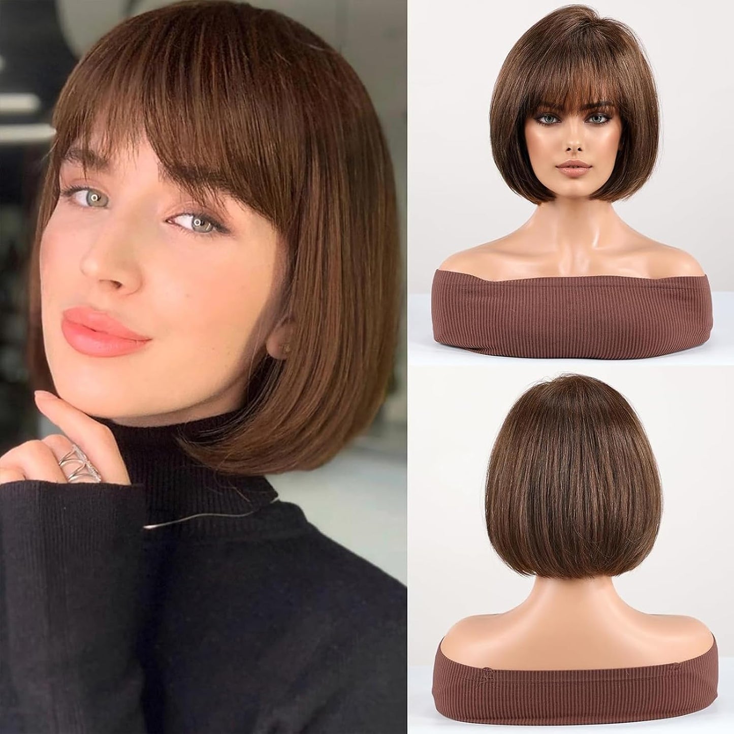 RSY Peluca de mezcla de cabello humano estilo Bob, pelucas de fibra...