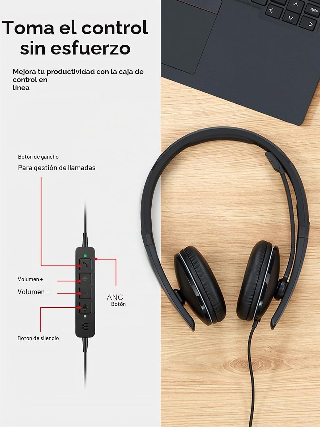 Auriculares con cable Lenovo con cancelación activa de ruido (ANC),...
