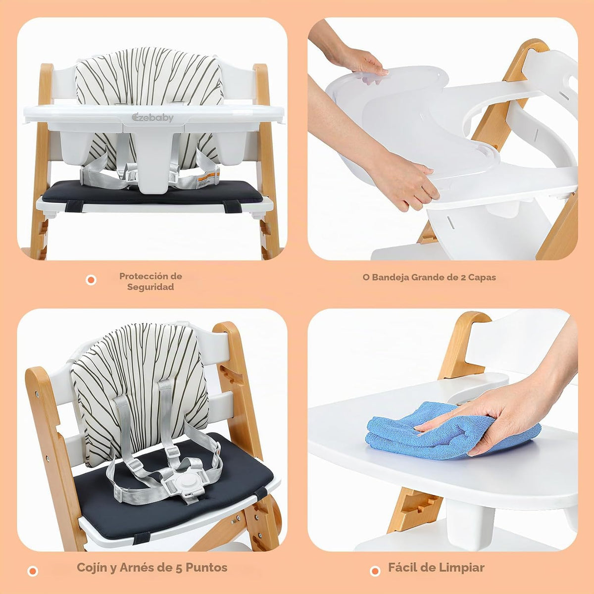 Ezebaby Silla alta plegable de madera, silla alta ajustable sin her...