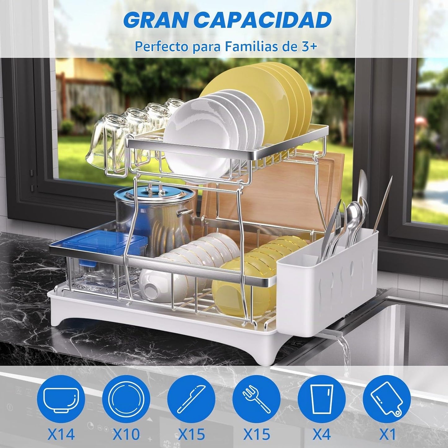 Godboat - Escurridor de platos de 2 niveles, acero inoxidable 304,...