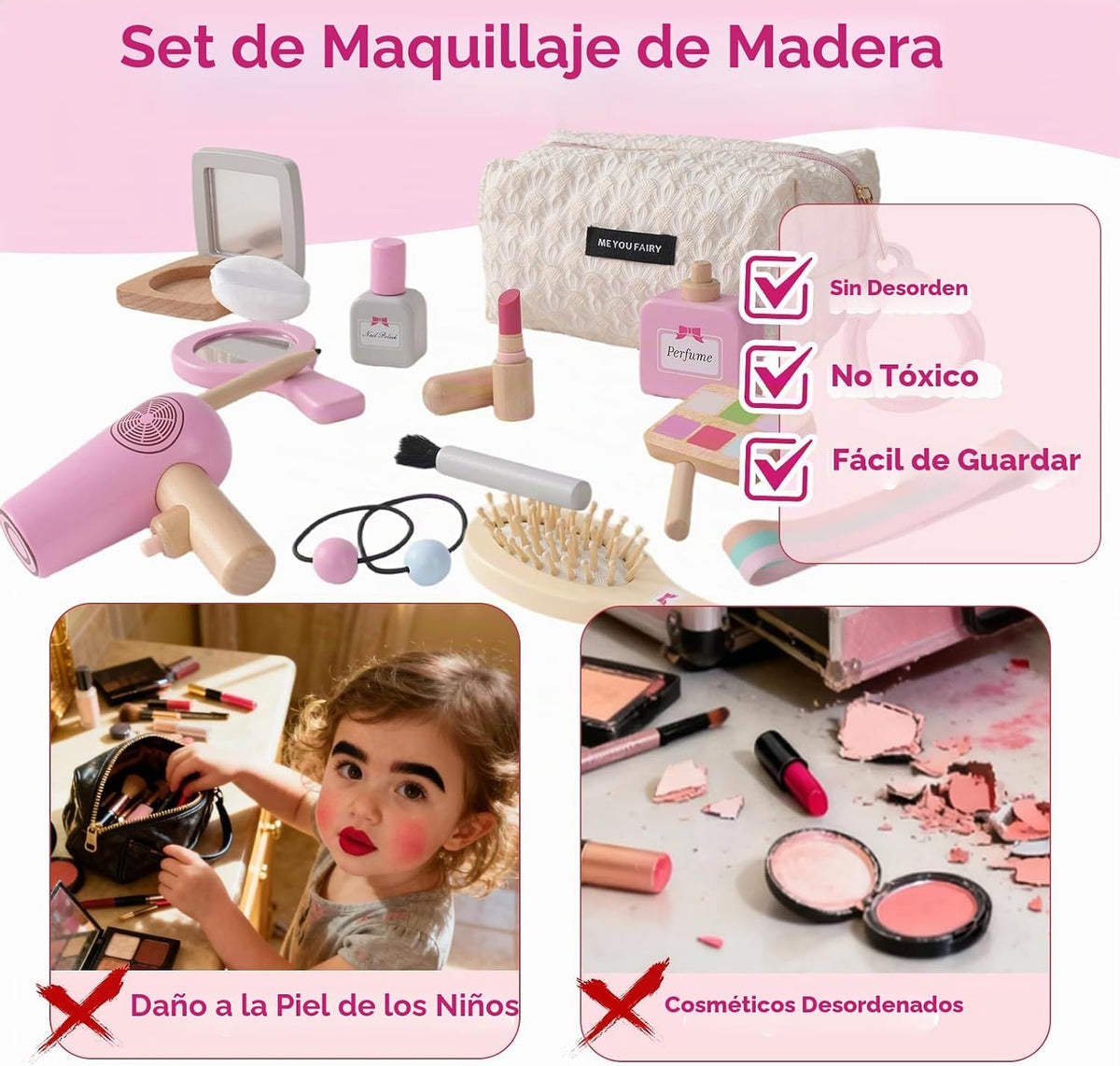 SMARTWO Kit de maquillaje de madera para niñas, juego de salón de b...