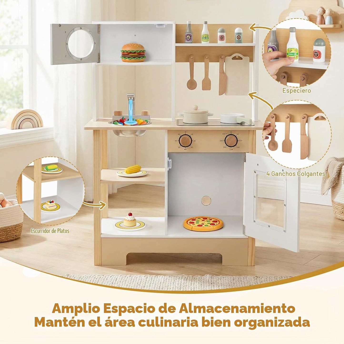 HONEY JOY Juego de cocina con pizarra, juego de cocina de madera pa...