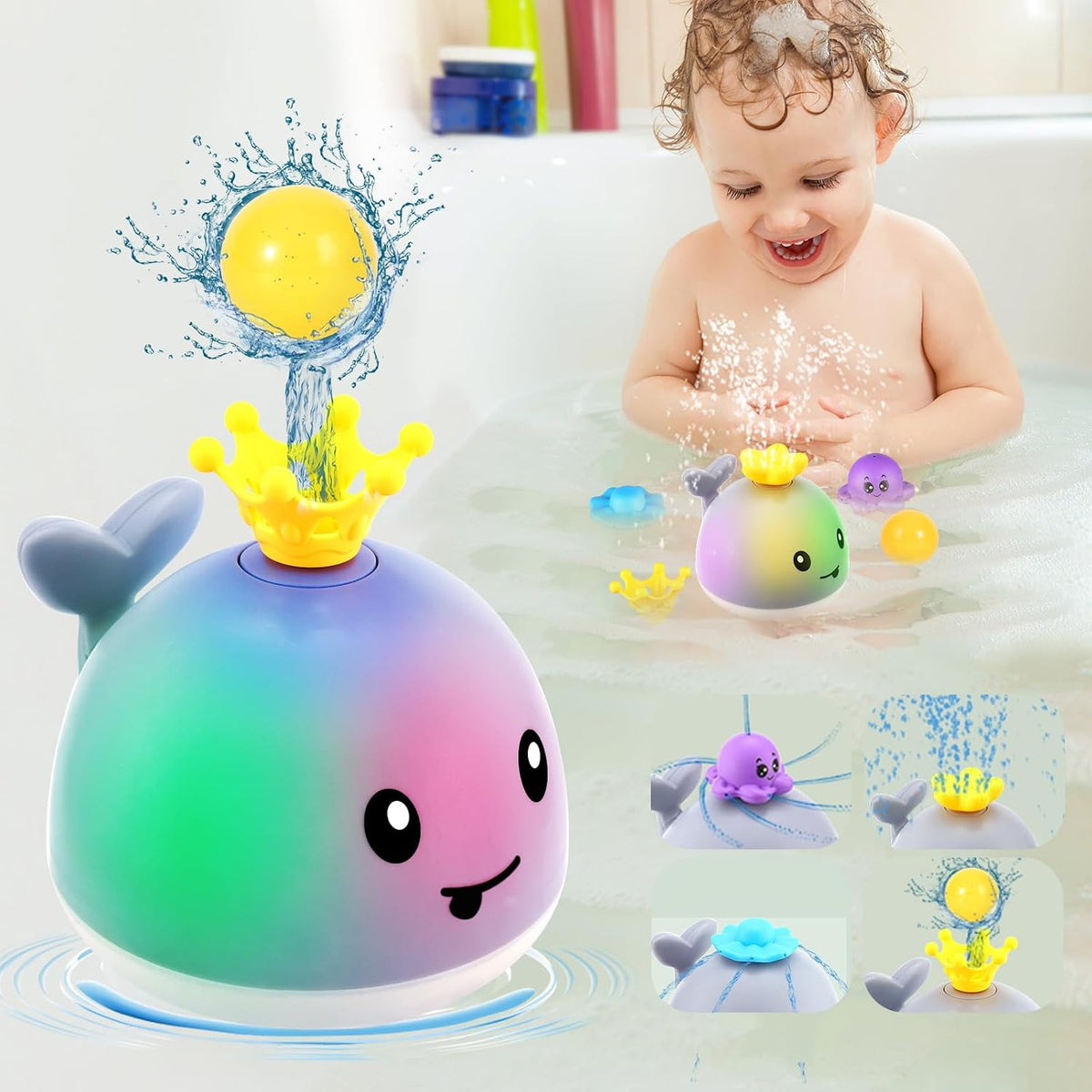 Gigilli Rociador de juguete de baño de ballena iluminado, 4 modos d...