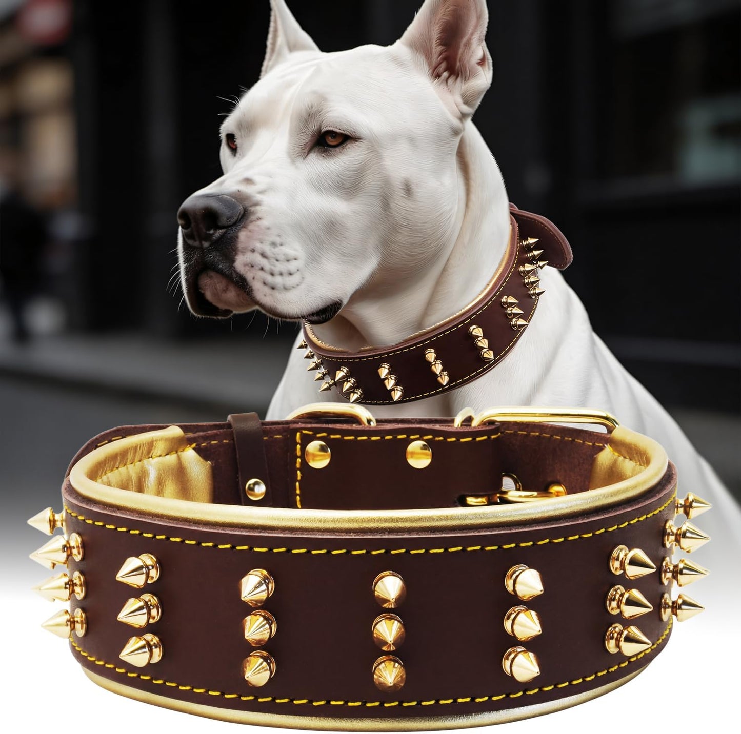 Collar de perro de cuero con pinchos, cuero genuino hecho a mano de...