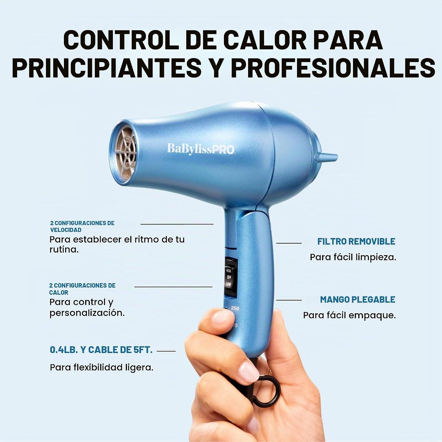 BaBylissPRO Secador de pelo de viaje Nano Titanium, secador profesi...