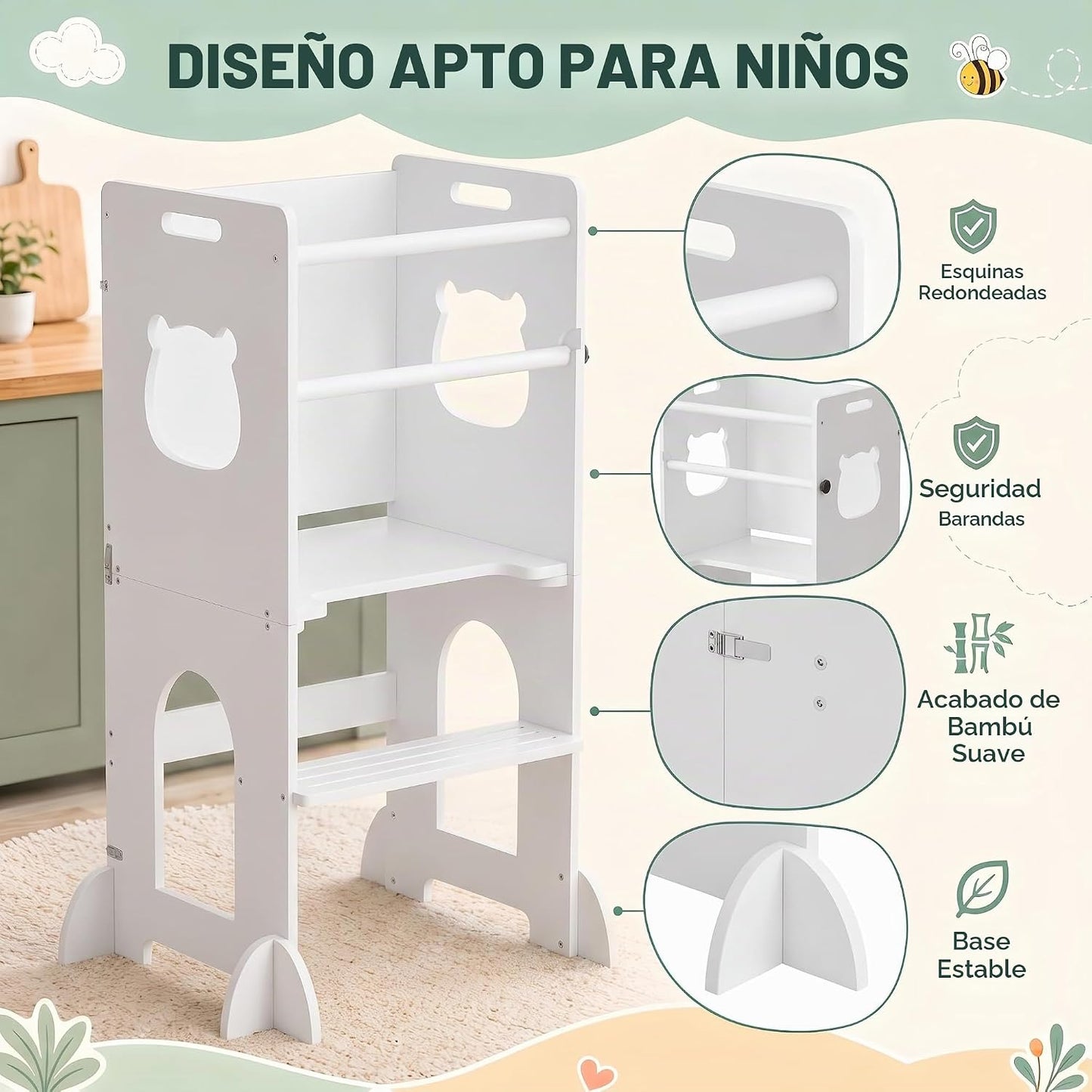 APRTAT Taburete de cocina 4 en 1 para niños pequeños, torre de apre...