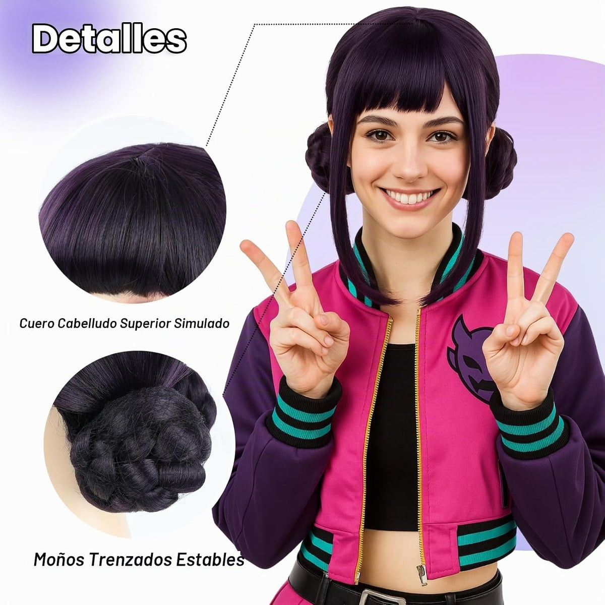 morvally Peluca corta negra y morada con 2 moños para mujer, peluca...