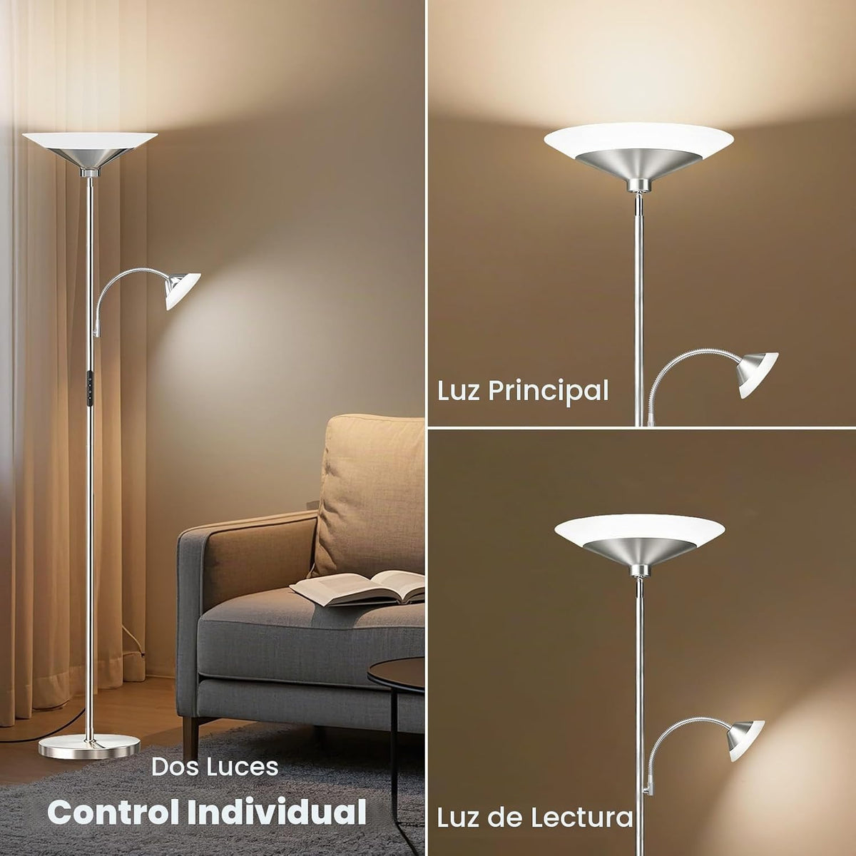 SIBRILLE Lámpara de pie plateada metálica, lámpara de pie LED regul...