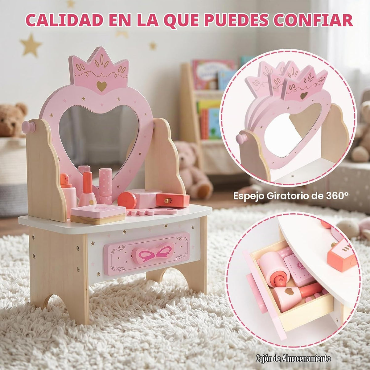 Juego de tocador de madera para niños, juguetes de mesa de tocador...